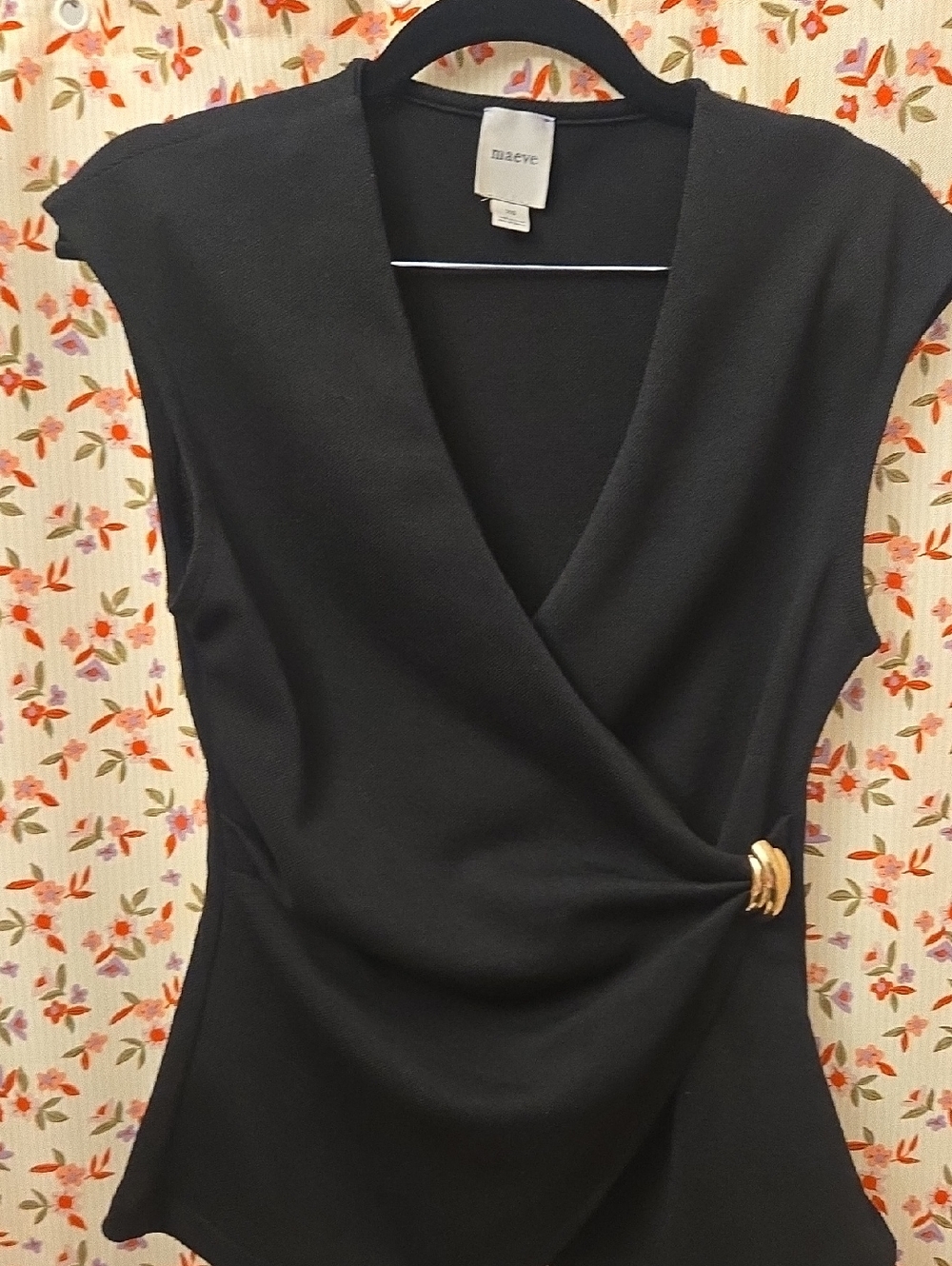 Maeve Anthropologie Black Surplice Wrap Top Gold Clasp Sleeveless XS